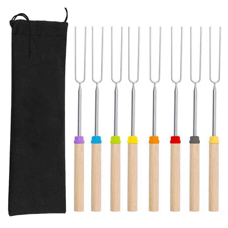  BBQ Stainless Steel Retractable Barbecue Fork 304 Stainless Steel Wooden Handle Barbecue Marshmallow Barbecue Stick