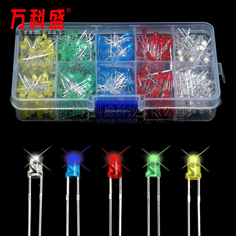 F3 3mm LED light emitting diode boxed light emitting tube 500 100 per color 5 colors total 500PCS