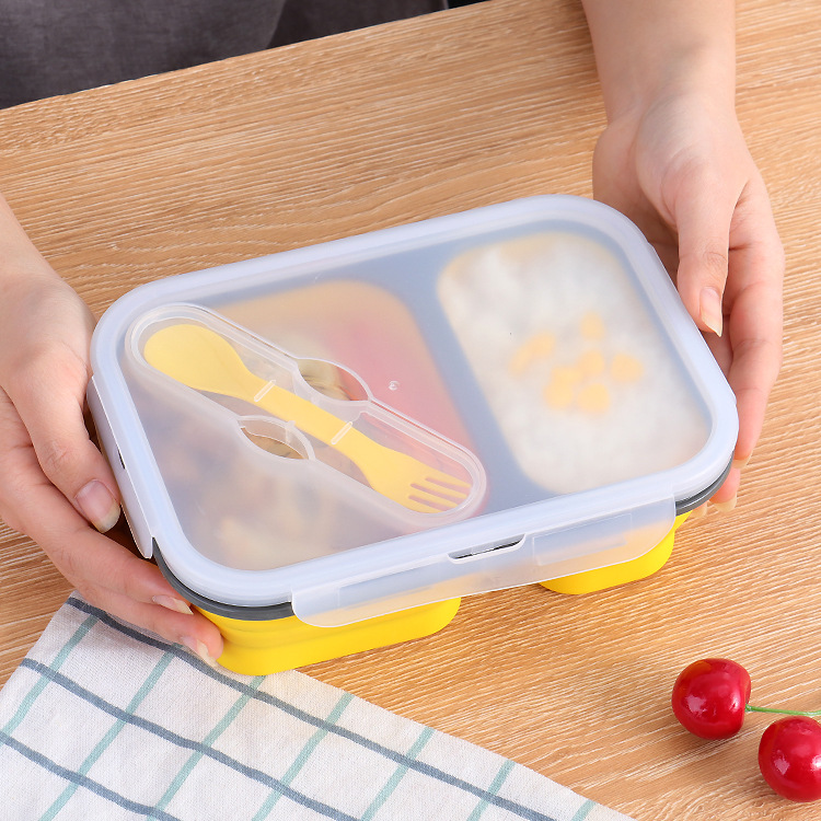 Foldable two-compartment silicone lunch box outdoor camping picnic box microwave heating lunch box silicone lunch box 