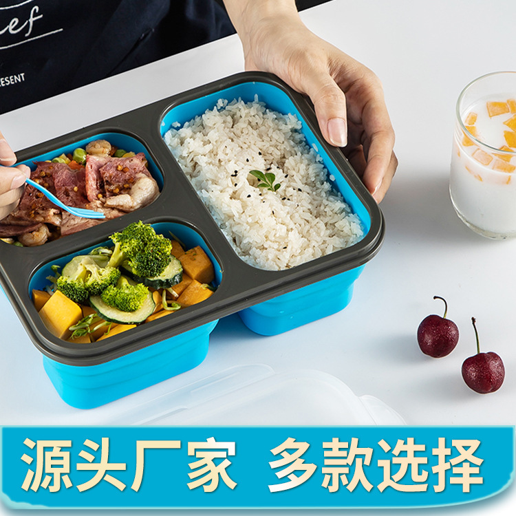   three-compartment folding silicone lunch box for office workers microwave heating lunch box food grade silicone lunch box