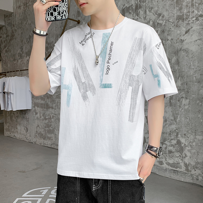 2023  ish Summer All-match Loose Trendy Brand Fashionable Short-sleeved T-shirt Men's Cotton HongKong Style Half-sleeved T-shirt for Boys