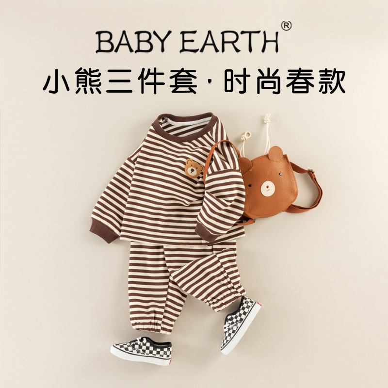 Children's Suit Spring Boys' Bear Base Shirt Baby's Korean-style Pants Spring Girls' Striped Two-piece Suit