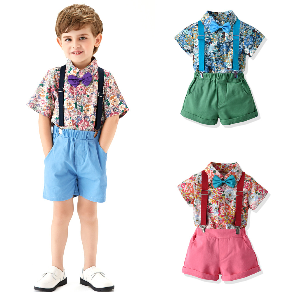  Children's Suit Summer Flower Short-sleeved Shirt Retro Strap Shorts Two-piece Set European and American Children's Floral Cardigan