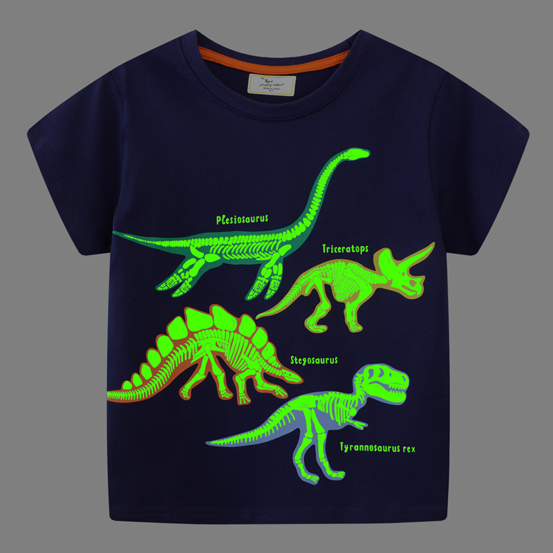 2024 summer boys cartoon luminous short sleeve round neck T-shirt dinosaur short sleeve T 