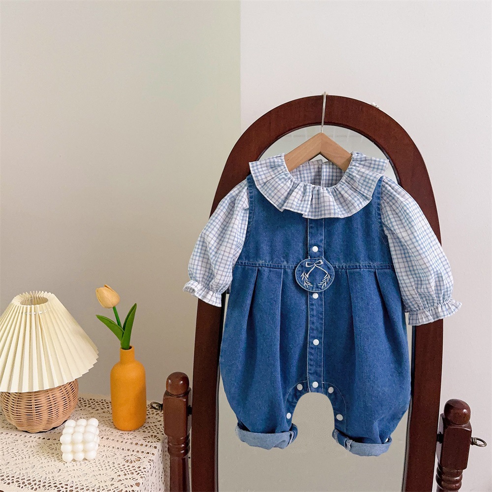 2024 Baby Denim Strappy Pants Set Spring and Autumn Baby Clothes Stylisch Plaid Base Shirt Two-piece Outfit