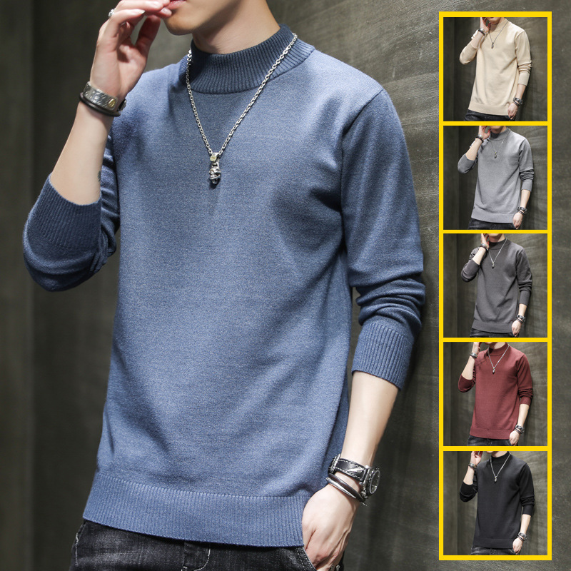  Half-turtleneck Sweater Men's Knitted Base Shirt Korean Style Spring and Autumn Fashion Pure Black Distinctive Middle Collar