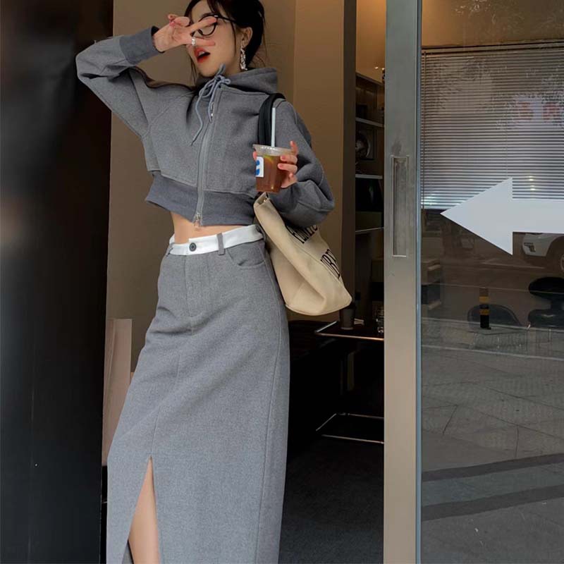  Hooded Zipper Sweatshirt Coat High Waist Hip Mid-length Split Skirt Casual Two-piece Set