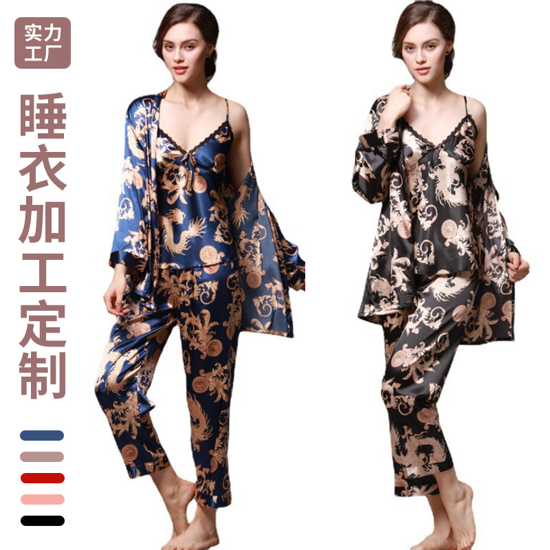   silk pajamas ladies spring and summer dragon robe printed ice silk home clothing three-piece suit 