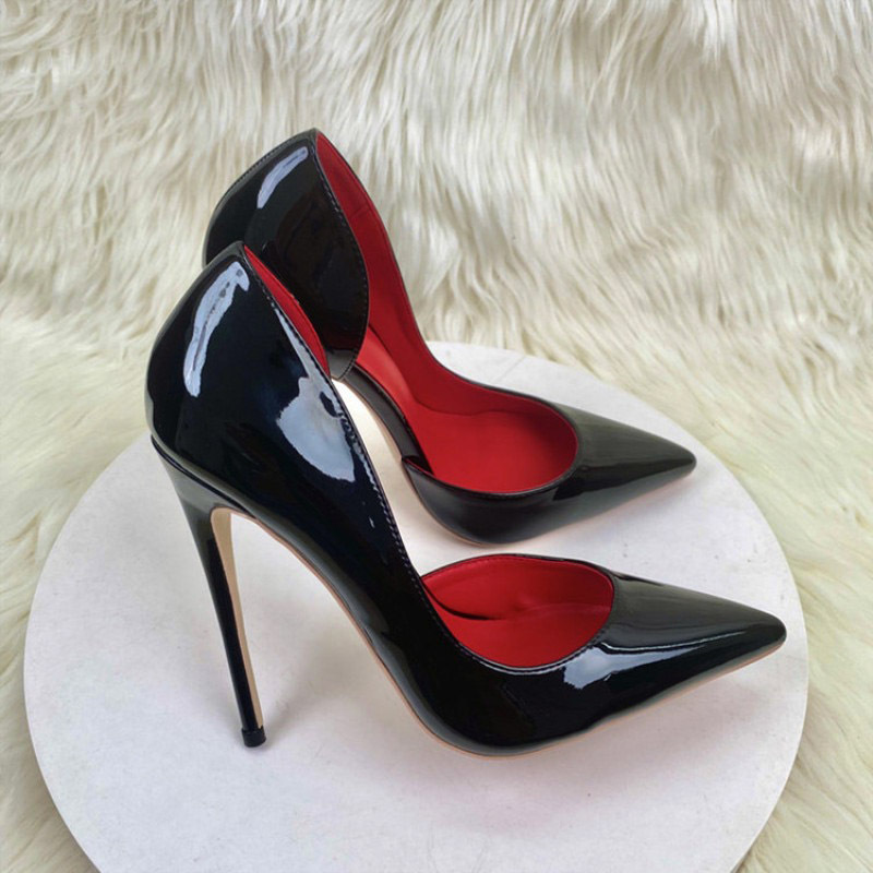 2023 Upgraded Red Lim High Heels Shallow Mouth Side Empty Pointed Stiletto Heel Red Bottom 10cm Patent Leather Hollow Shoes