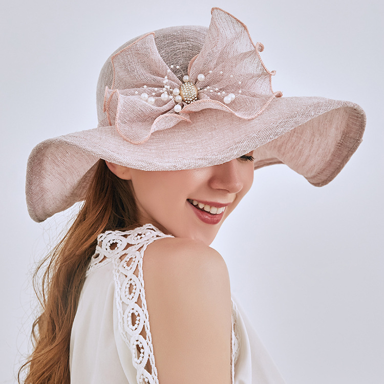 2023 Large Eaves Sun Hat Women's Summer Flower Rhinestone Sun Hat Korean Style Seaside Cotton and Linen Beach Hat