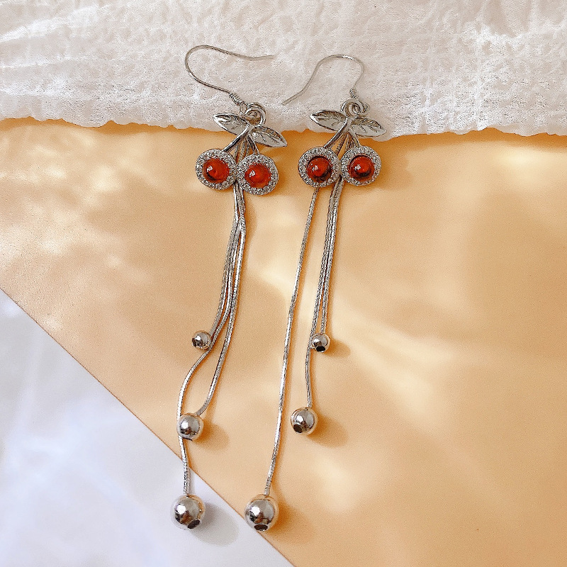 Vintage Long Tassel S925 Garnet Cherry Inlaid Ear Hanging Cat's Eye Red Earrings Women's Sterling Silver Ear Hanging