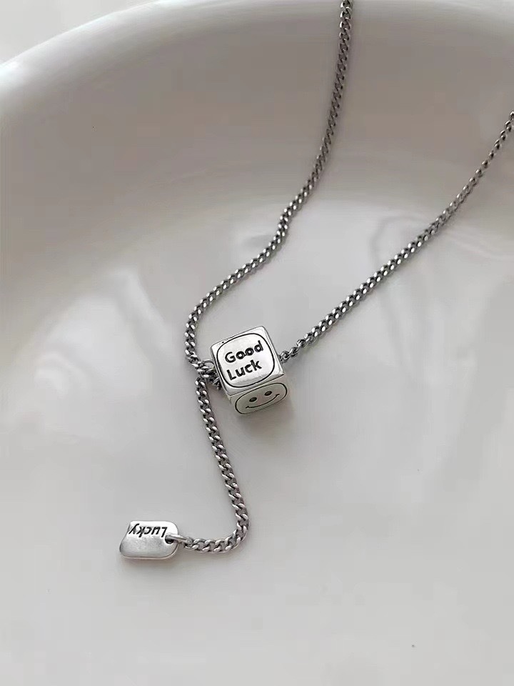 2023 Distressed Thai Silver Cube Sugar Smiley Face Necklace Personality Clavicle Chain Rotatable Neck Chain