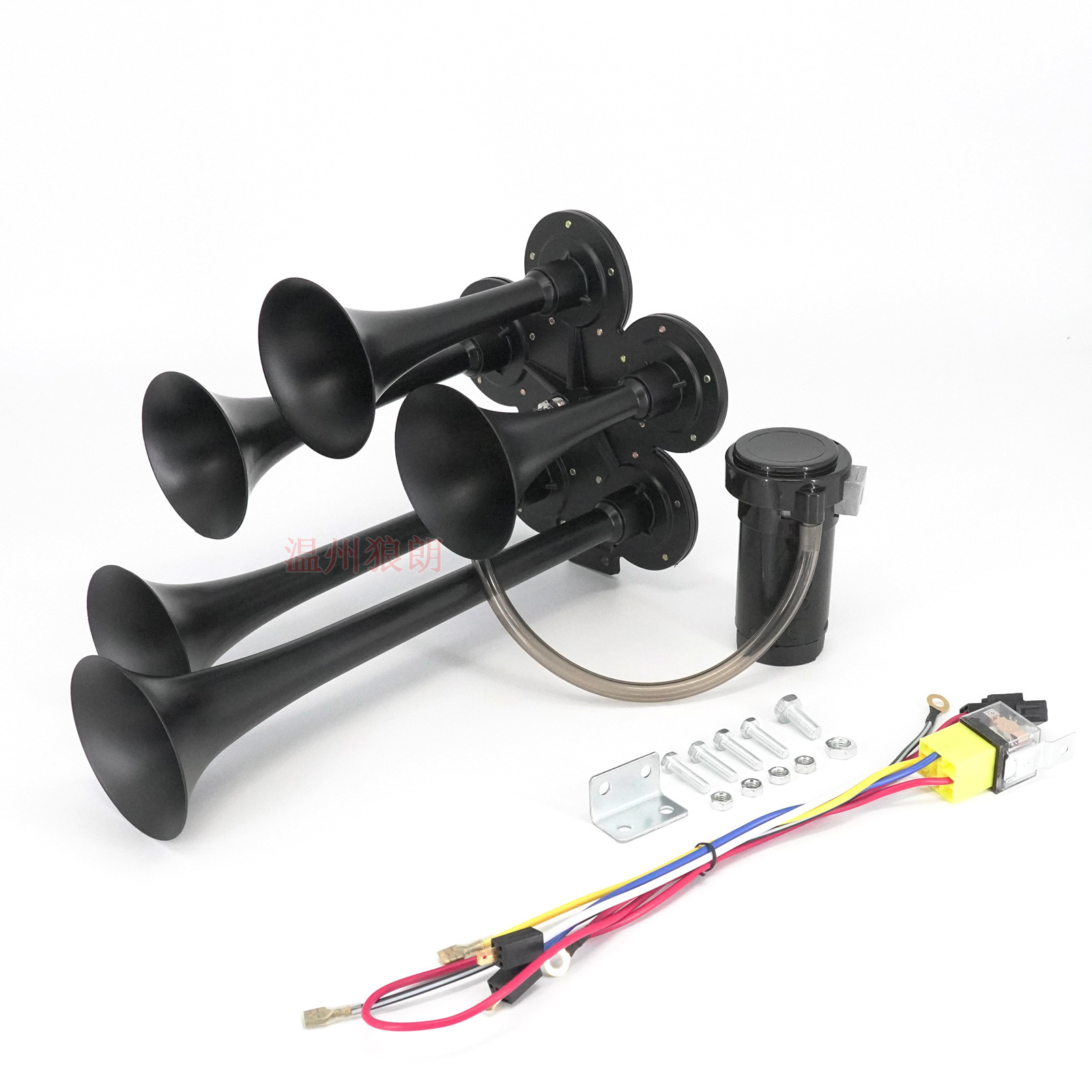 12V high-pitched black metal five-tube air horn air motor air pump with relay wiring harness super whistle sound