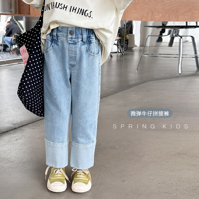 Emo Beibei Children's Micro-elastic Stitching Jeans Girl's Western-style Personality Contrast Color Casual Straight Pants 2024 Spring