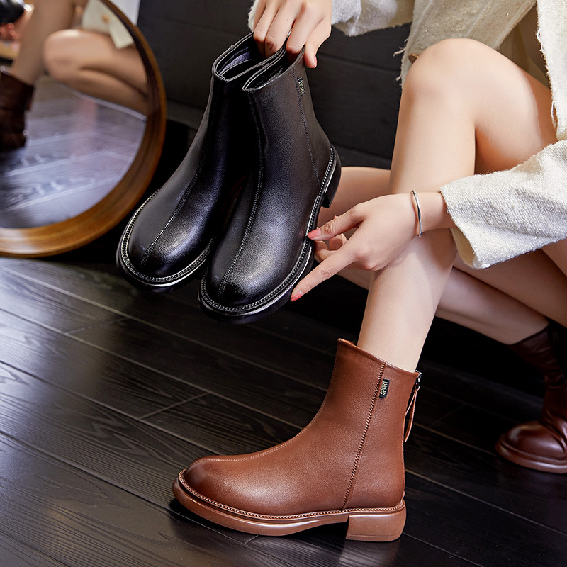 Genuine Leather Martin-boots for women 2024 Autumn  retro fleece-lined short boots retro British style women's boots versatile boots for women