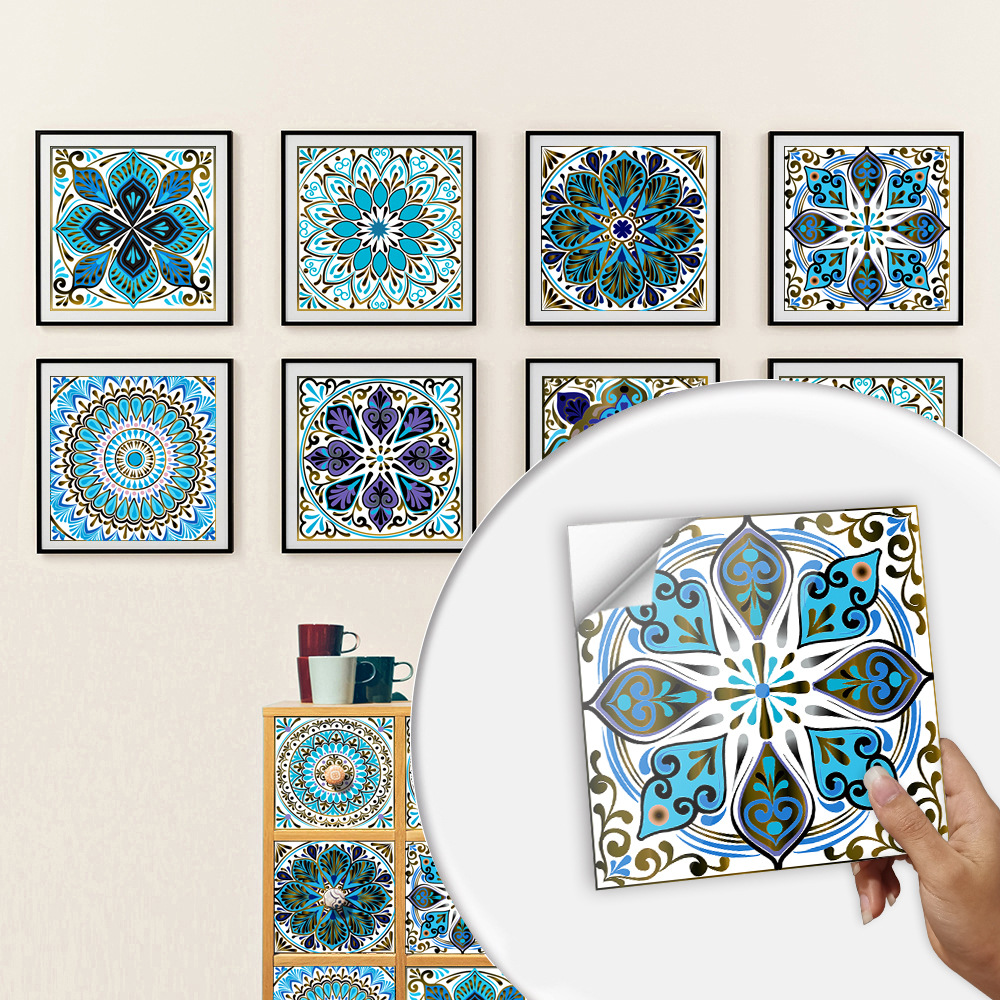 10 Pieces of Mandala Stitching Small Floral Simulation Tile Stickers Home Renovation Kitchen and Bathroom Decoration Self-adhesive Wall Stickers