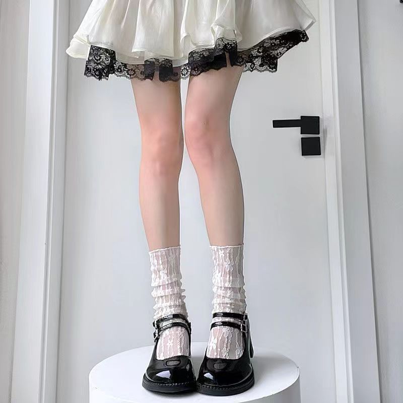 White lace pile socks women's mid-calf socks mesh thin Japanese jk flower fairy socks