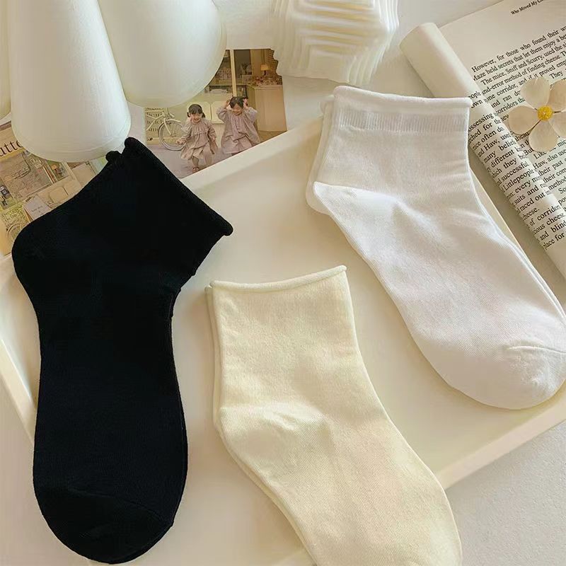 Creamy White Curl Socks Women's Cotton ins Trendy Thin Japanese Solid Color Student Black and White Nurse Socks