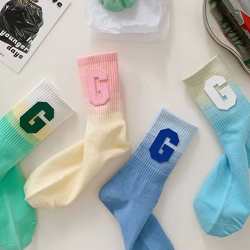 Tie-dyed Gradient Letter Leather Label G Socks Women's Mid-barrel Spring Autumn Mori Sweet All-match Candy Color Women's Socks