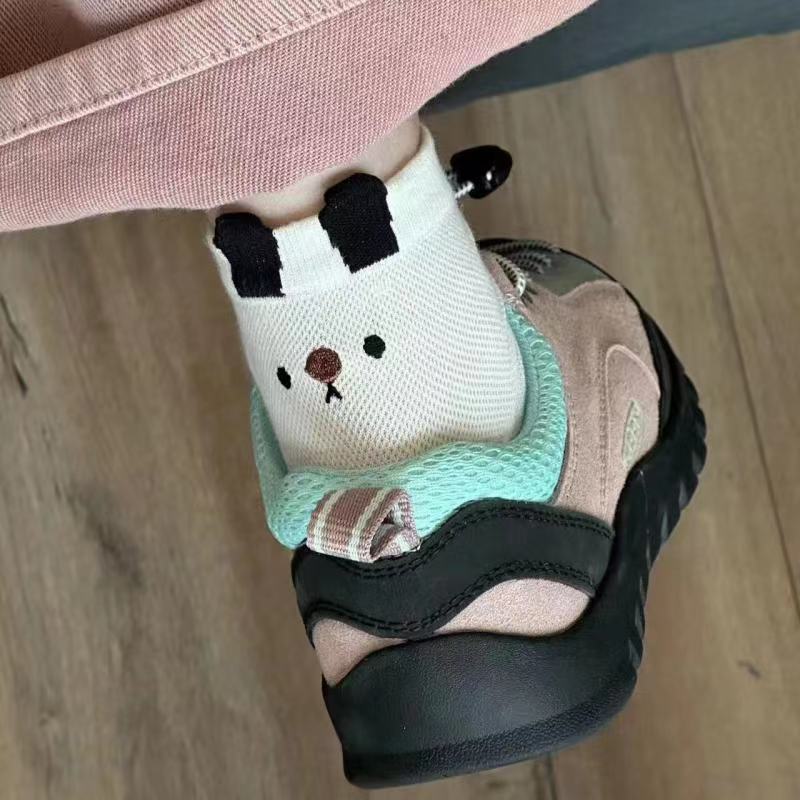 Summer thin mesh hollow-out stand ear bear black and white solid color mid-calf length socks Japanese simple preppy style socks for students