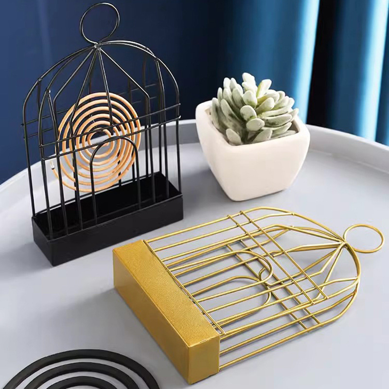 Nordic creative bird cage fireproof mosquito coil holder household metal iron mosquito coil tray hanging incense burner with gray plate