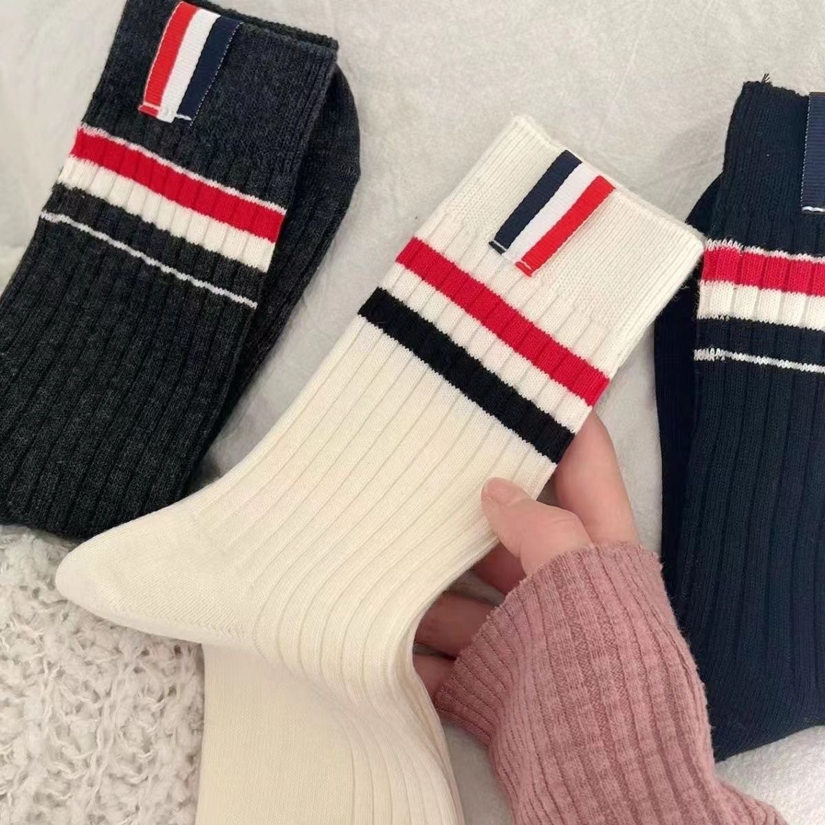 Socks Women's Light European TB Stripe Contrast Color Double Needle Simple Student Middle Tube Niche College Combed Cotton Cloth Label Calf Socks