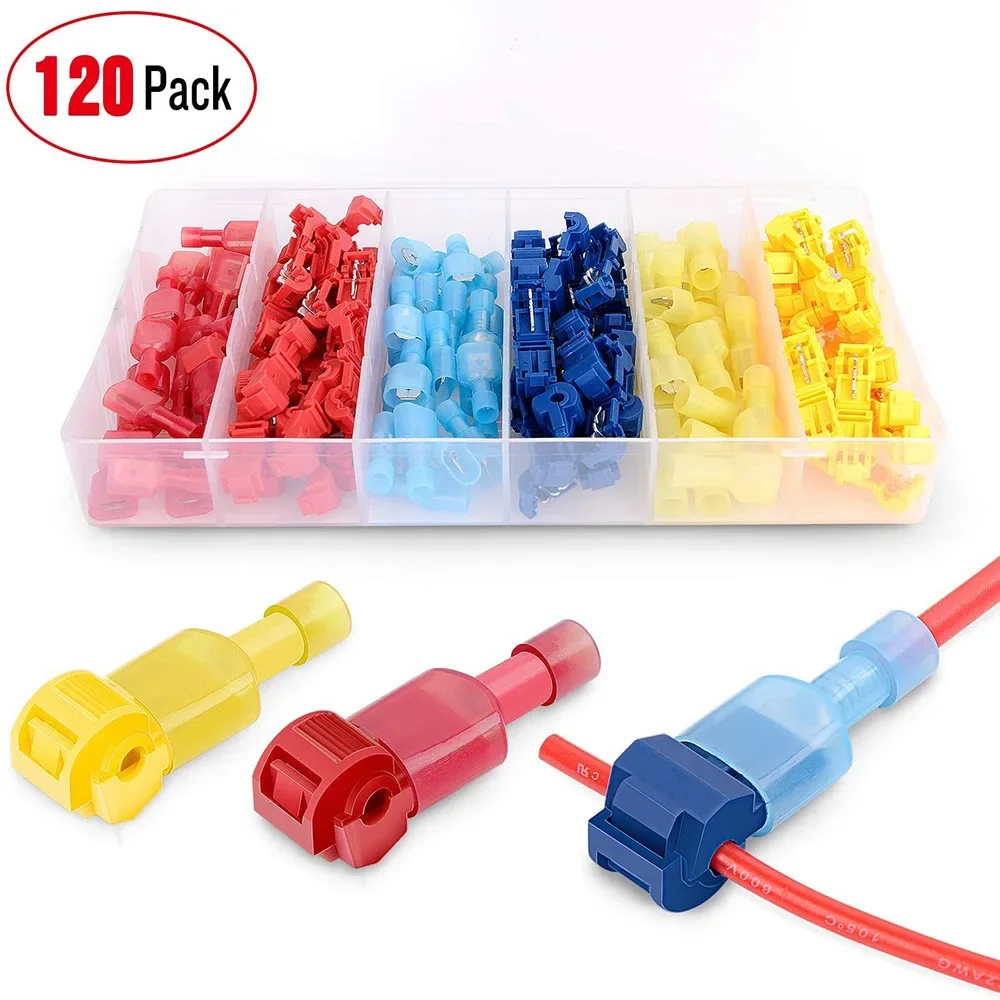 120pcs Boxed Red Blue Yellow T-Shaped Snap In Terminals No Wire Stripping Required Main Line Branch Ant Clip Connectors