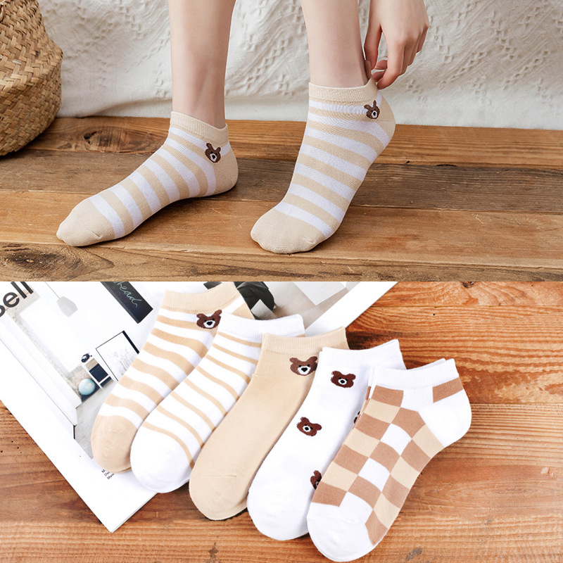 Bear Cartoon Socks Women's Thin Shallow Mouth Cute Japanese Style Women's Low Top Fashionable Boat Socks Pure Cotton Plaid Socks